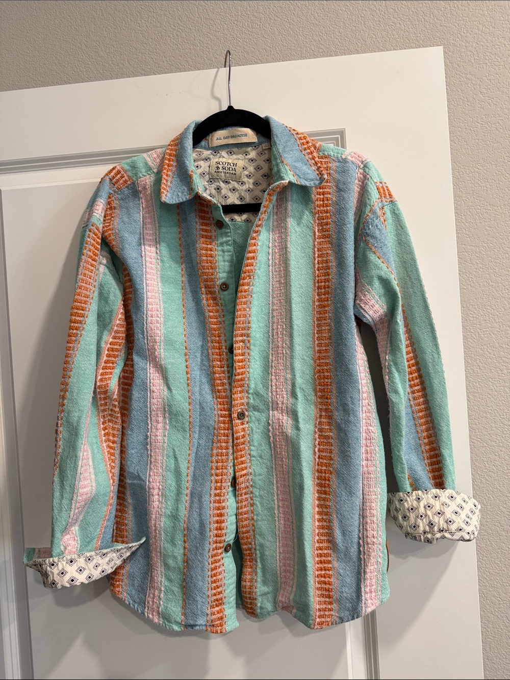 Scotch & Soda Striped Button-Up Shirt - Mint, Pink & Orange sz m